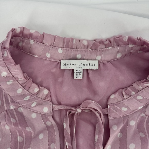 Maison D' Amelie XL Ruffle Sleeve Tie Chiffon Top Pink Polka Dot Metallic Stripe - Picture 4 of 7